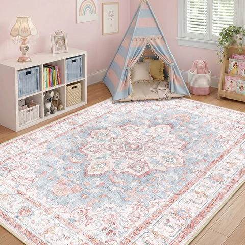CAPALOCA front view of pink blue rug showing room-ready decor and easy styling