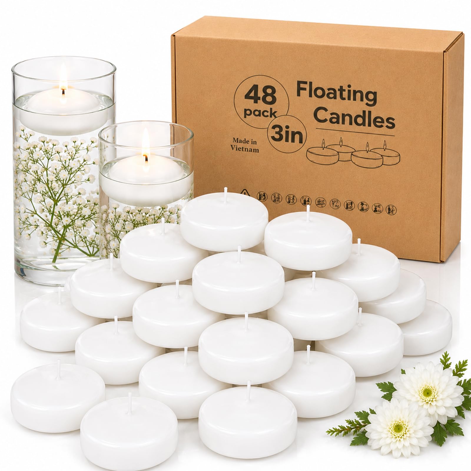 Capaniel front packaging showing 48-pack and clean white candles for events