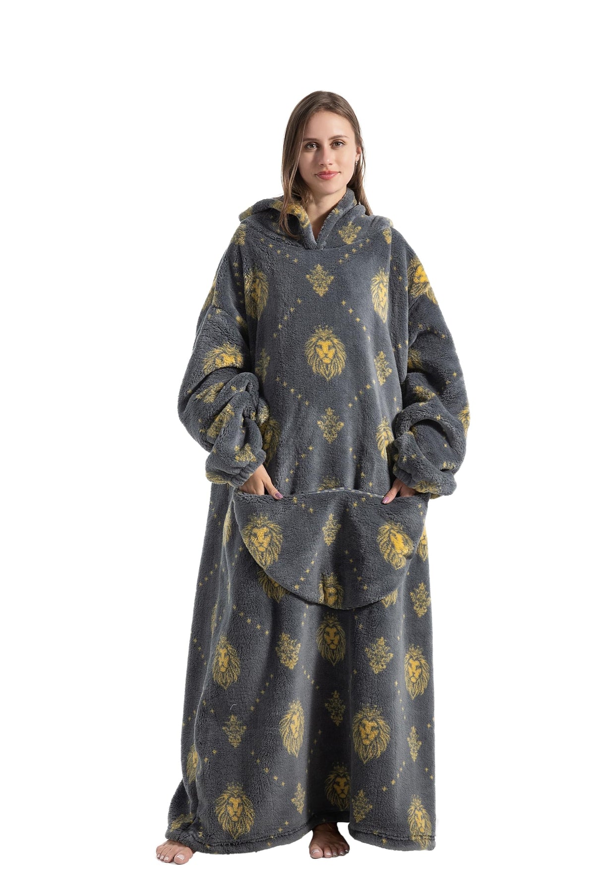 Capecage front view wearable blanket hoodie showing full length and cozy fit