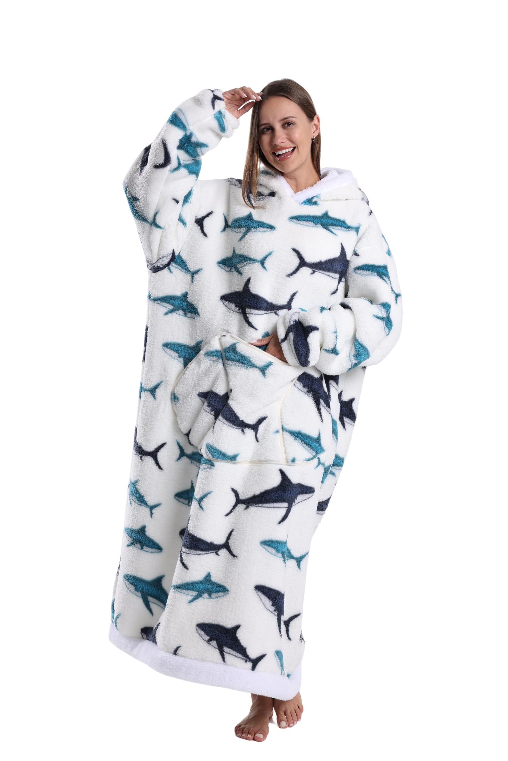 Capecage front view showing full-length wearable blanket and roomy fit for warmth