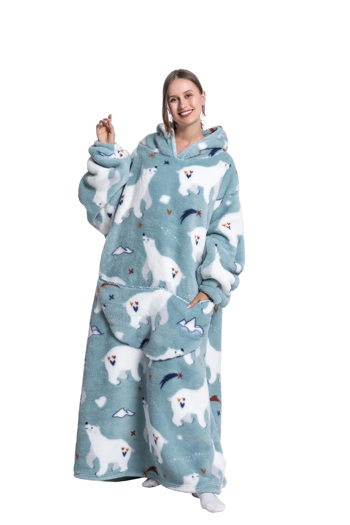 Capecage front view of long wearable blanket hoodie showing full coverage and comfort