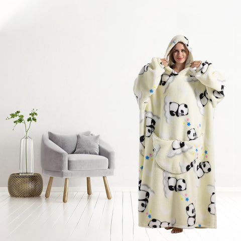 Capecage model wearing hoodie on couch highlighting mobility and comfort