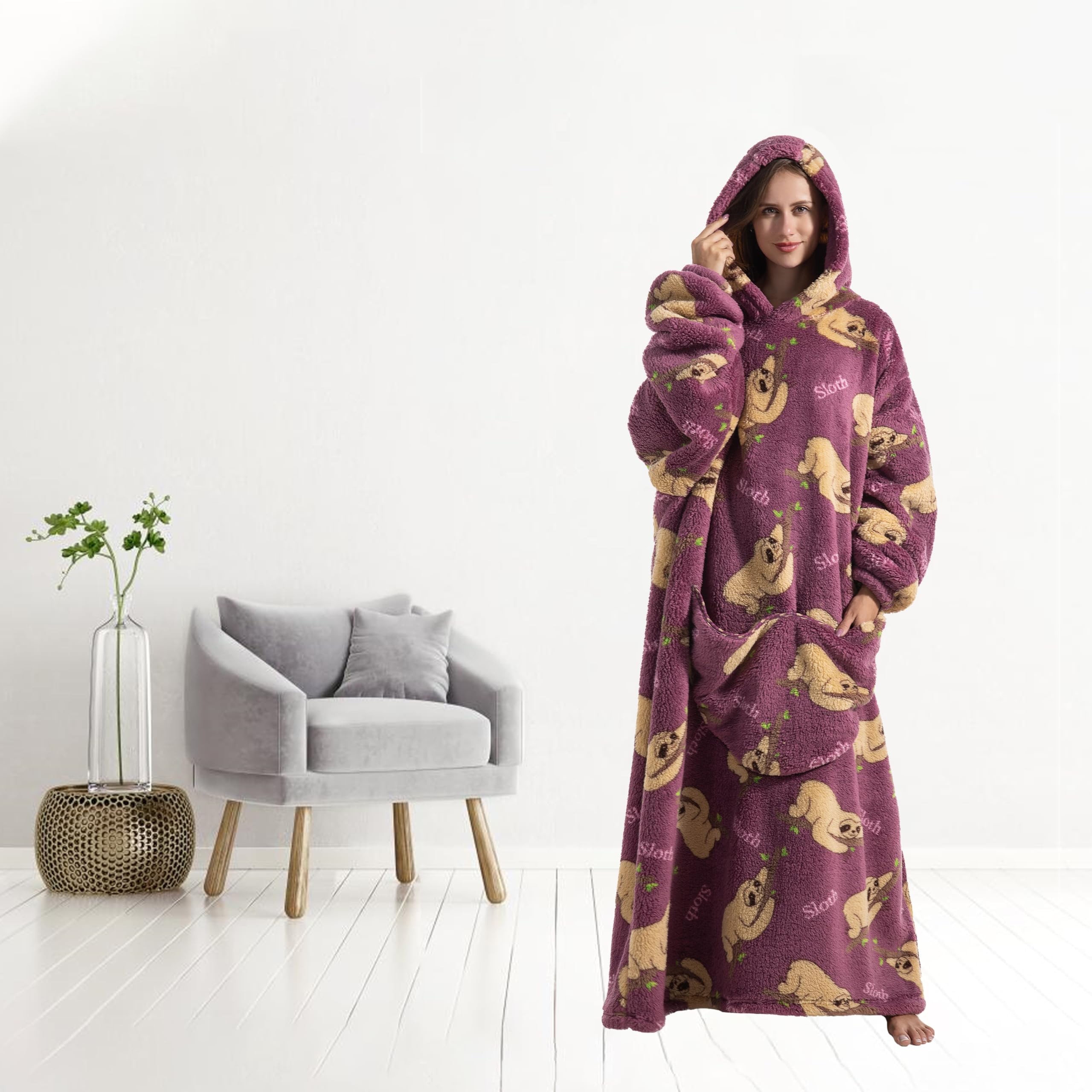 Capecage wearable blanket modeled lounging on couch showing mobility and warmth
