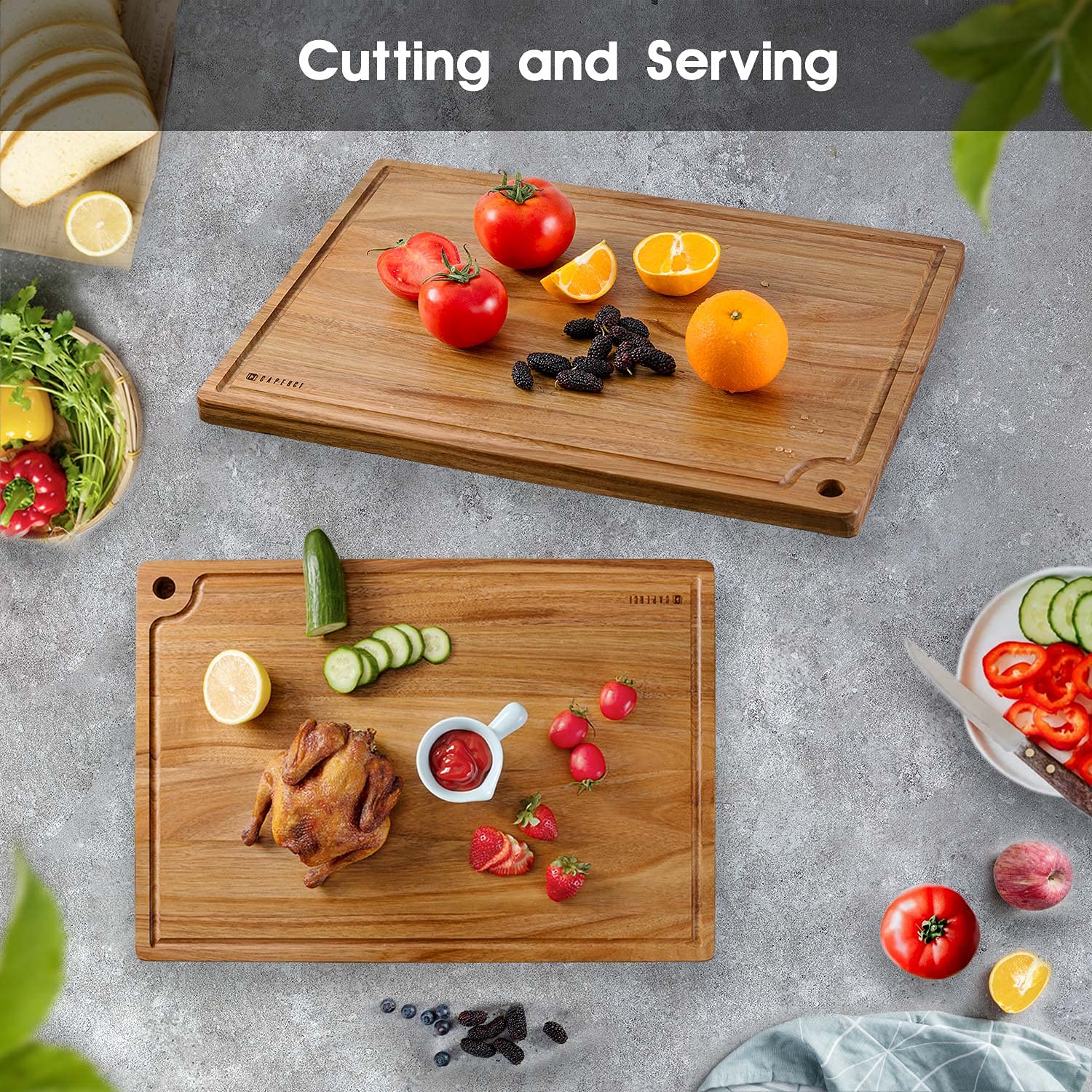 Caperci cutting board in use carving roast demonstrating stable surface