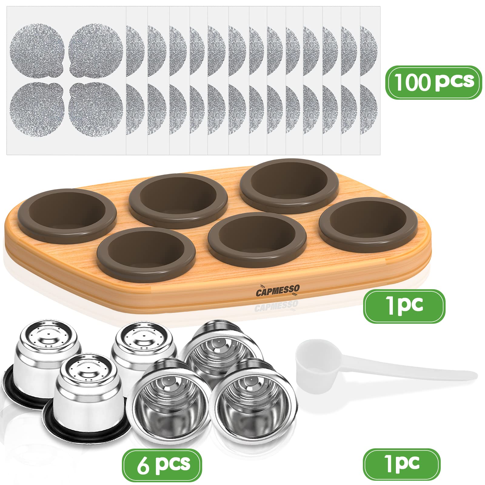 CAPMESSO wood tray holding six capsules for fresh prefilling
