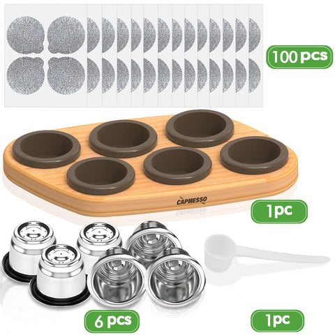 CAPMESSO wood tray holding six capsules for fresh prefilling
