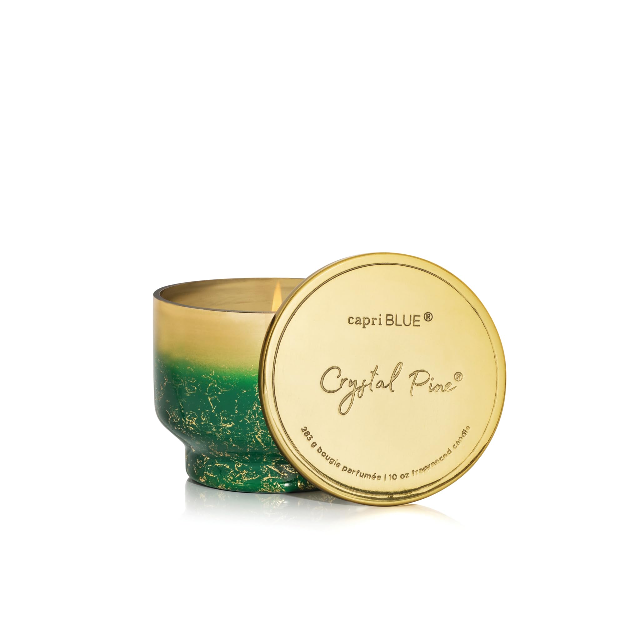 Capri Blue front view of emerald and gold ombre jar showing elegant holiday decor benefit
