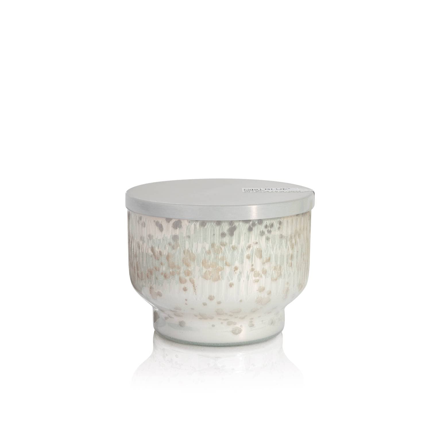 Capri Blue front view showing pearl-etched jar and white gold lid, elegant gift-ready look