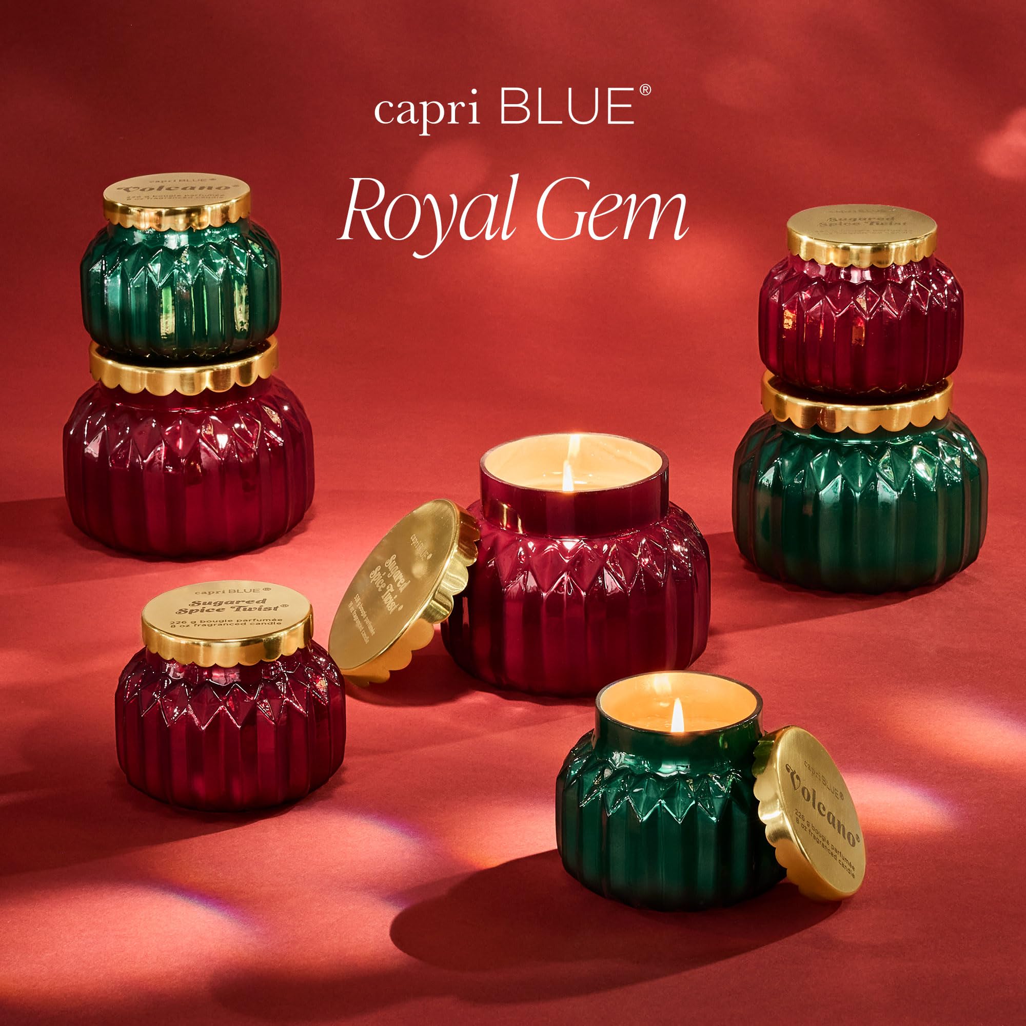 Capri Blue candle styled on tabletop adding seasonal decorative aroma
