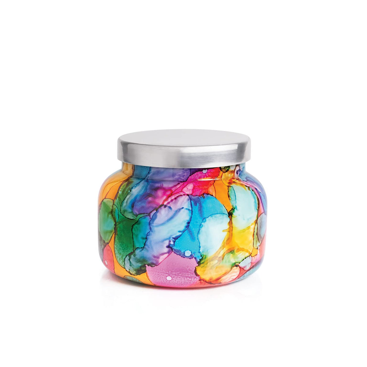 Capri Blue front view of Rainbow Watercolor jar shows bold colors and decorative appeal
