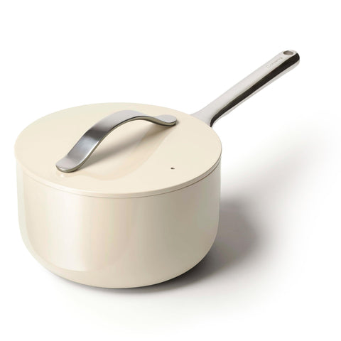 Caraway front view of 3 qt saucepan showing sleek design and easy cleanup benefit