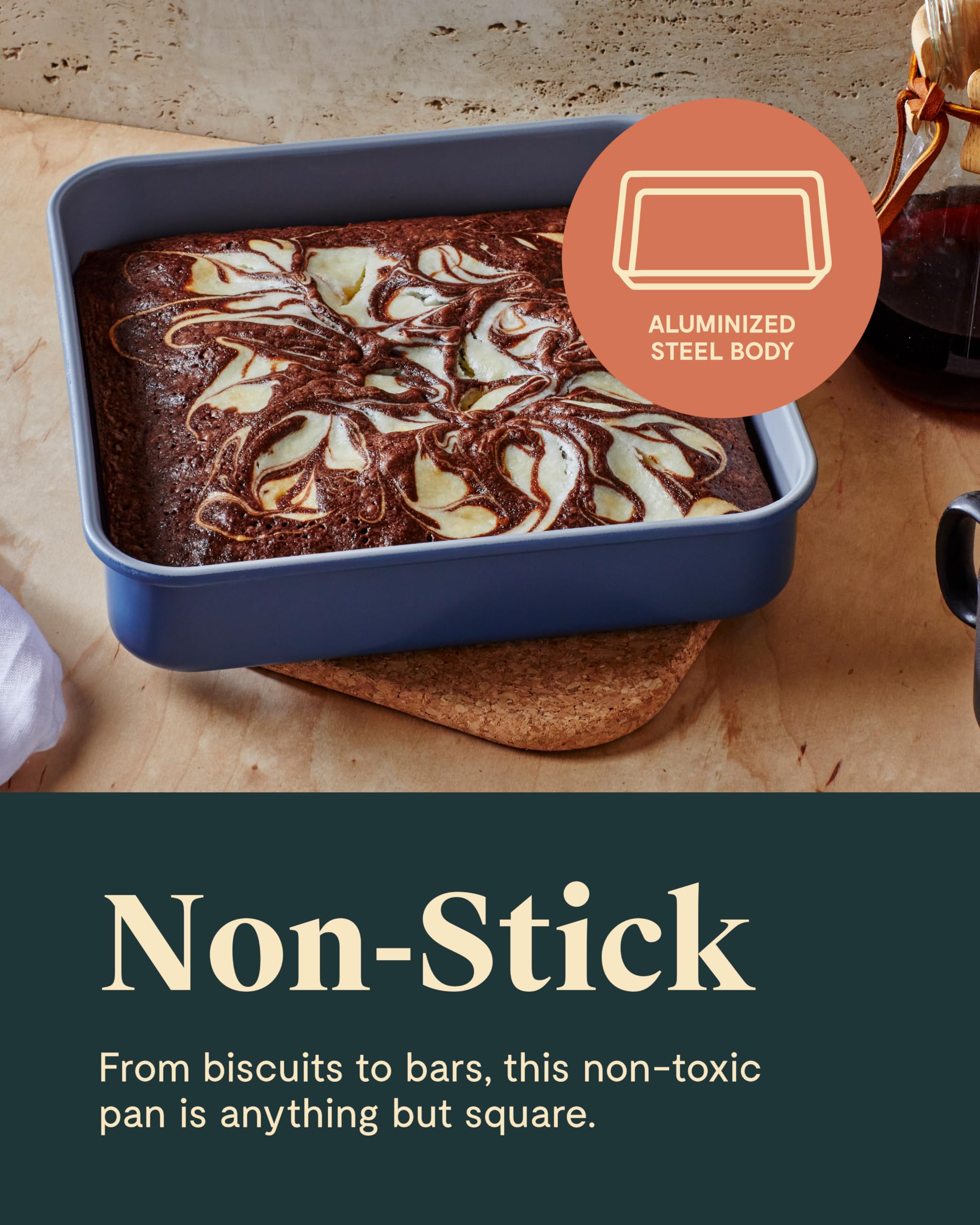 Caraway pan with freshly baked brownies inside illustrating even browning and effortless release