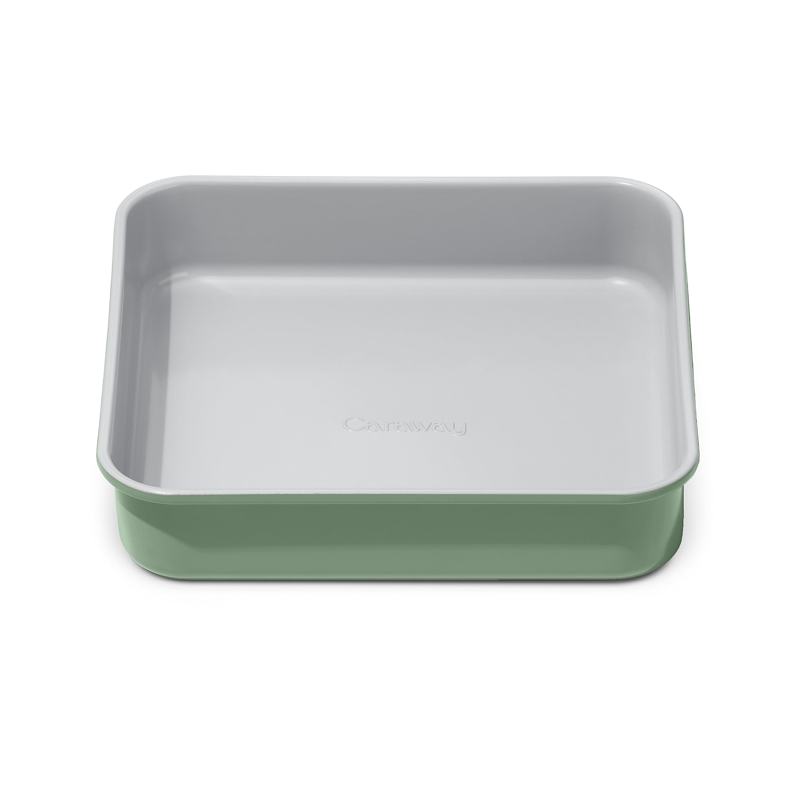Caraway 9" square pan front view showing sleek ceramic finish and even edges for consistent baking