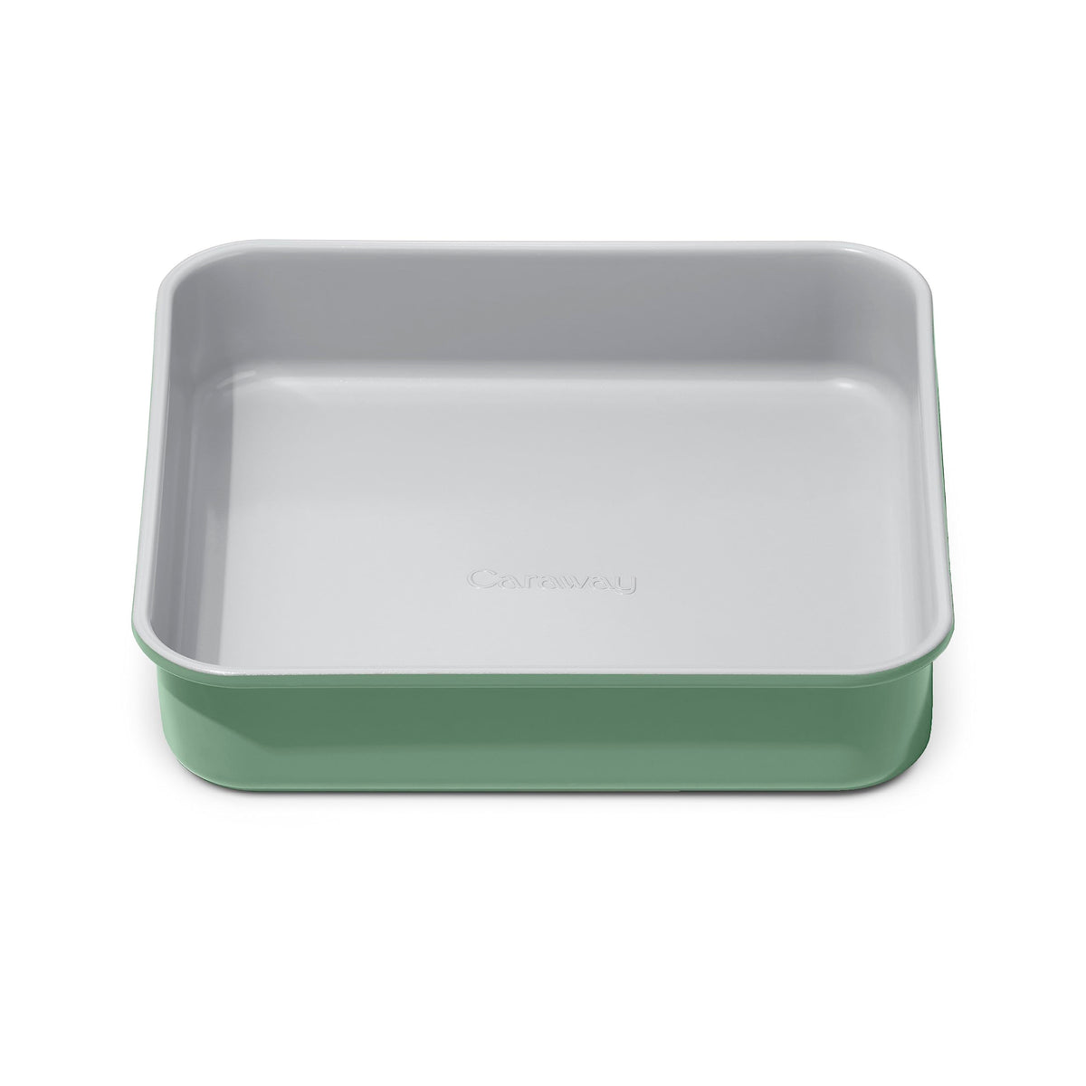 Caraway 9" square pan front view showing sleek ceramic finish and even edges for consistent baking