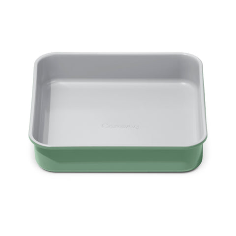 Caraway 9" square pan front view showing sleek ceramic finish and even edges for consistent baking