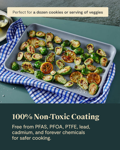 Caraway baking sheet inside oven demonstrating high-heat use up to 550°F safely
