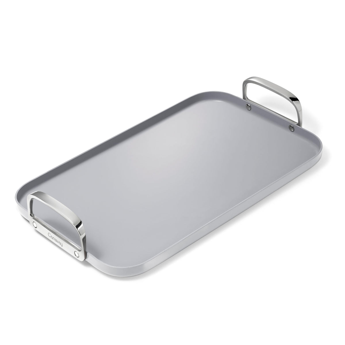 Caraway front view of double burner griddle showing full 19x12 inch surface and handles, easy multi-item cooking