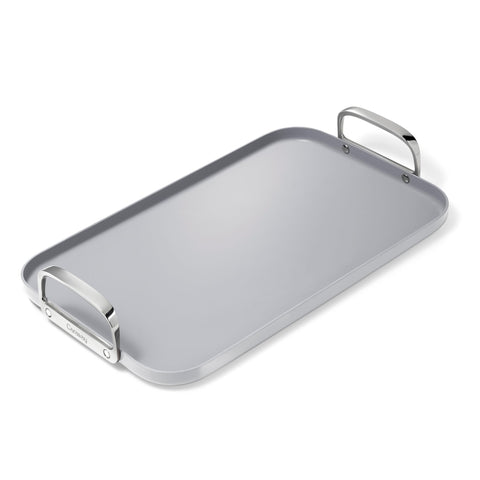 Caraway front view of double burner griddle showing full 19x12 inch surface and handles, easy multi-item cooking