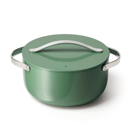 Caraway Dutch oven front view shows durable enamel and capacity benefit