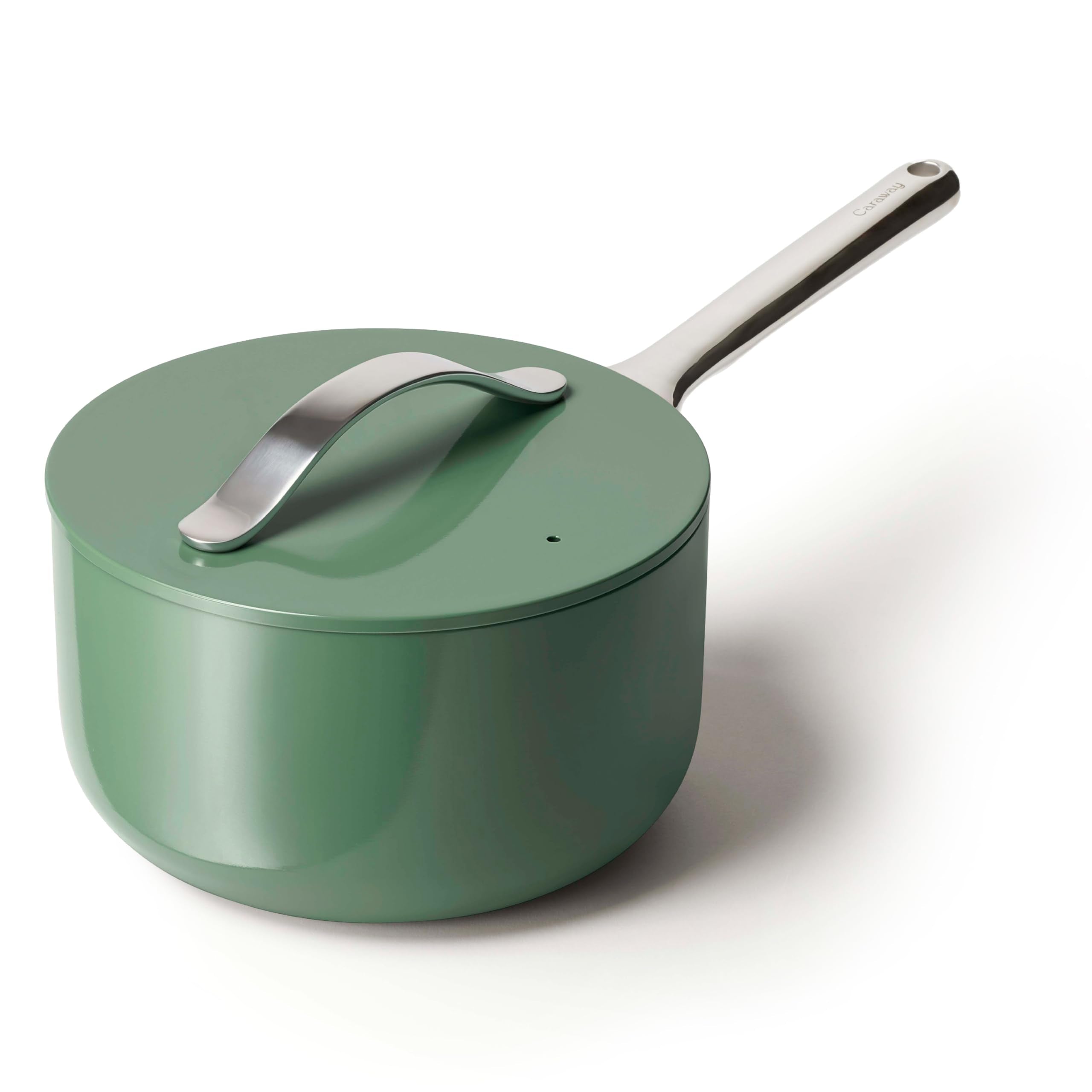 Caraway front view of saucepan showing color and compact design benefit