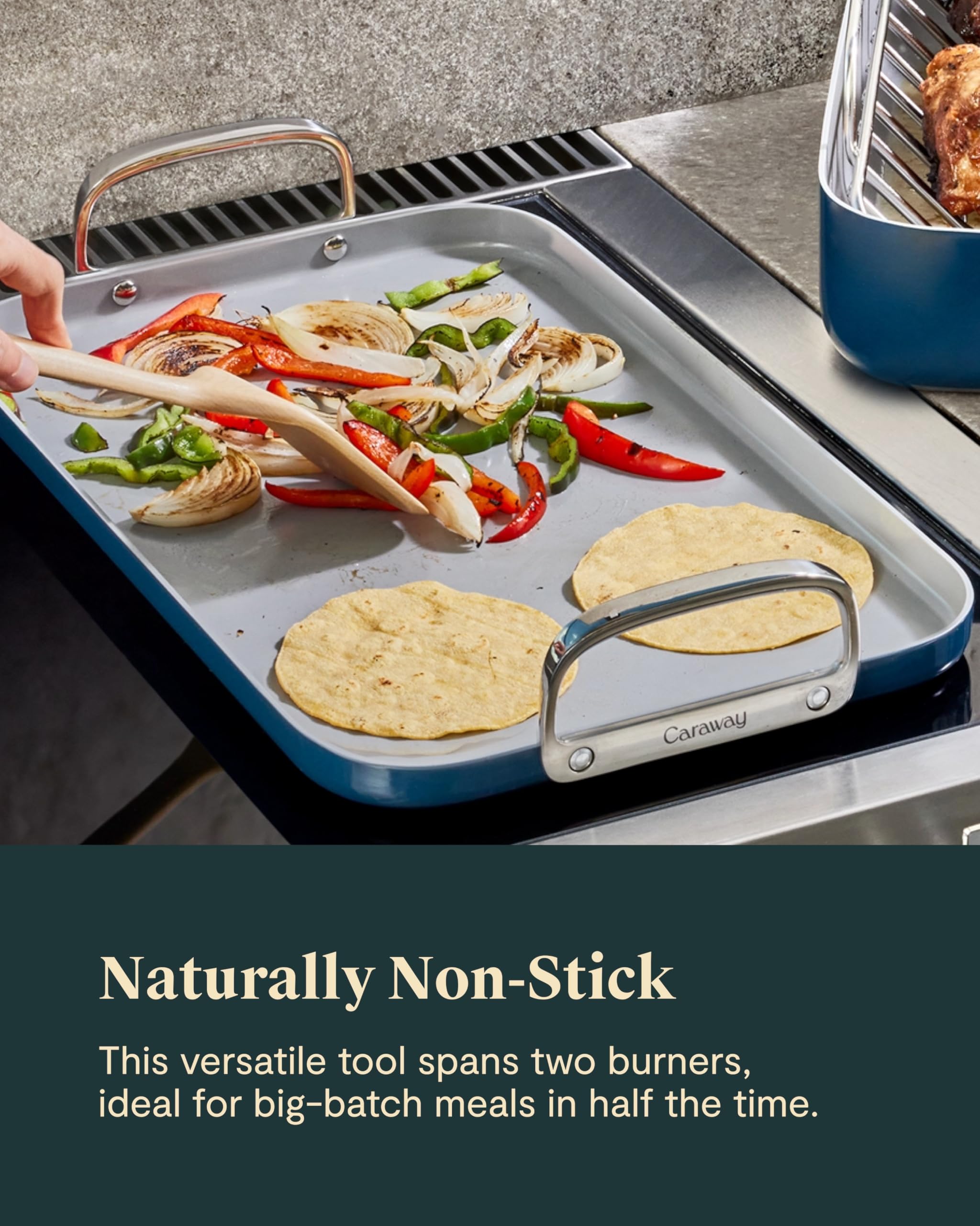 Caraway griddle side profile showing induction-compatible base and sturdy construction for even heat