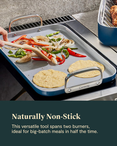 Caraway griddle side profile showing induction-compatible base and sturdy construction for even heat
