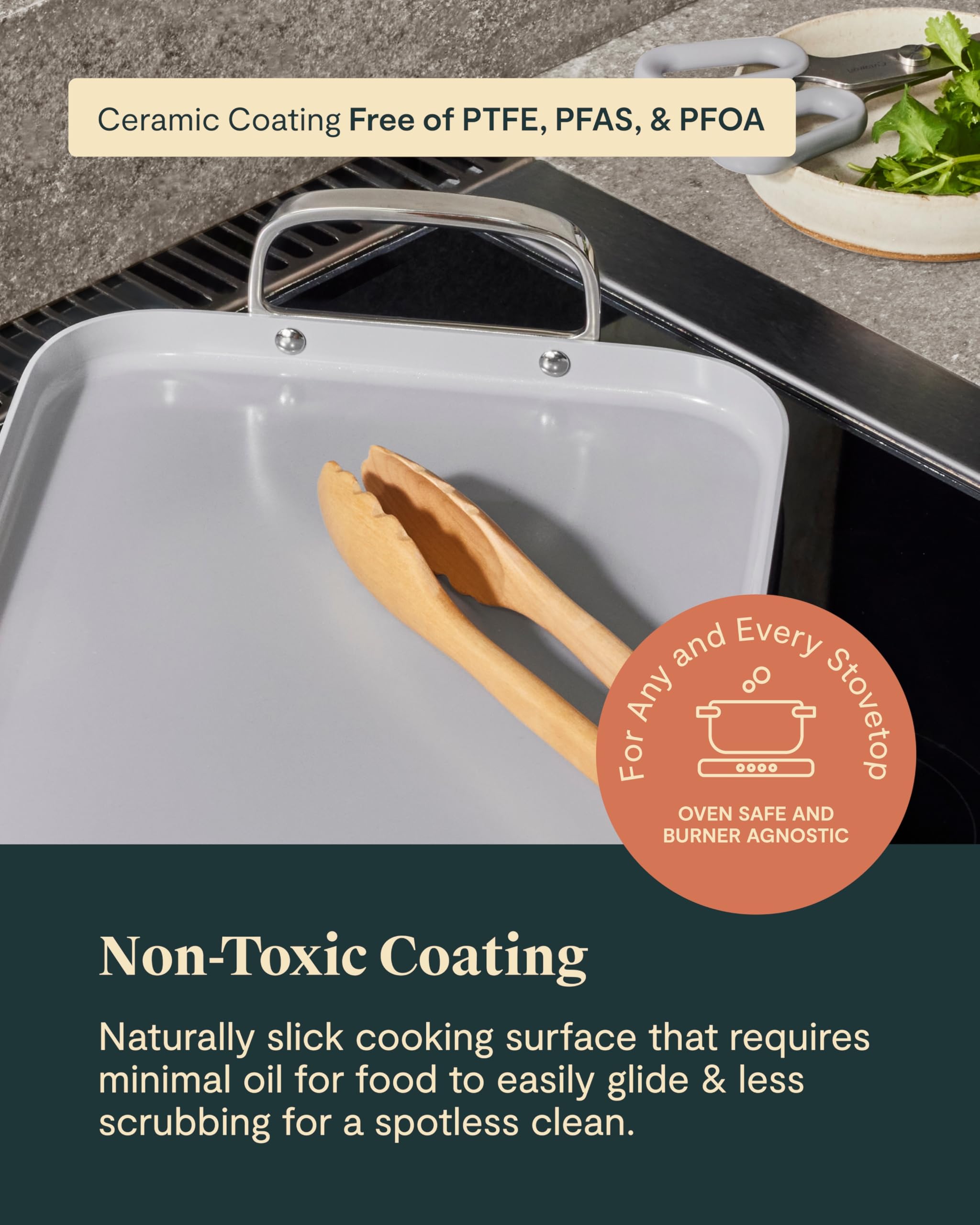 Caraway griddle next to spatula showing scale of 19x12 inch pan for large-batch meals