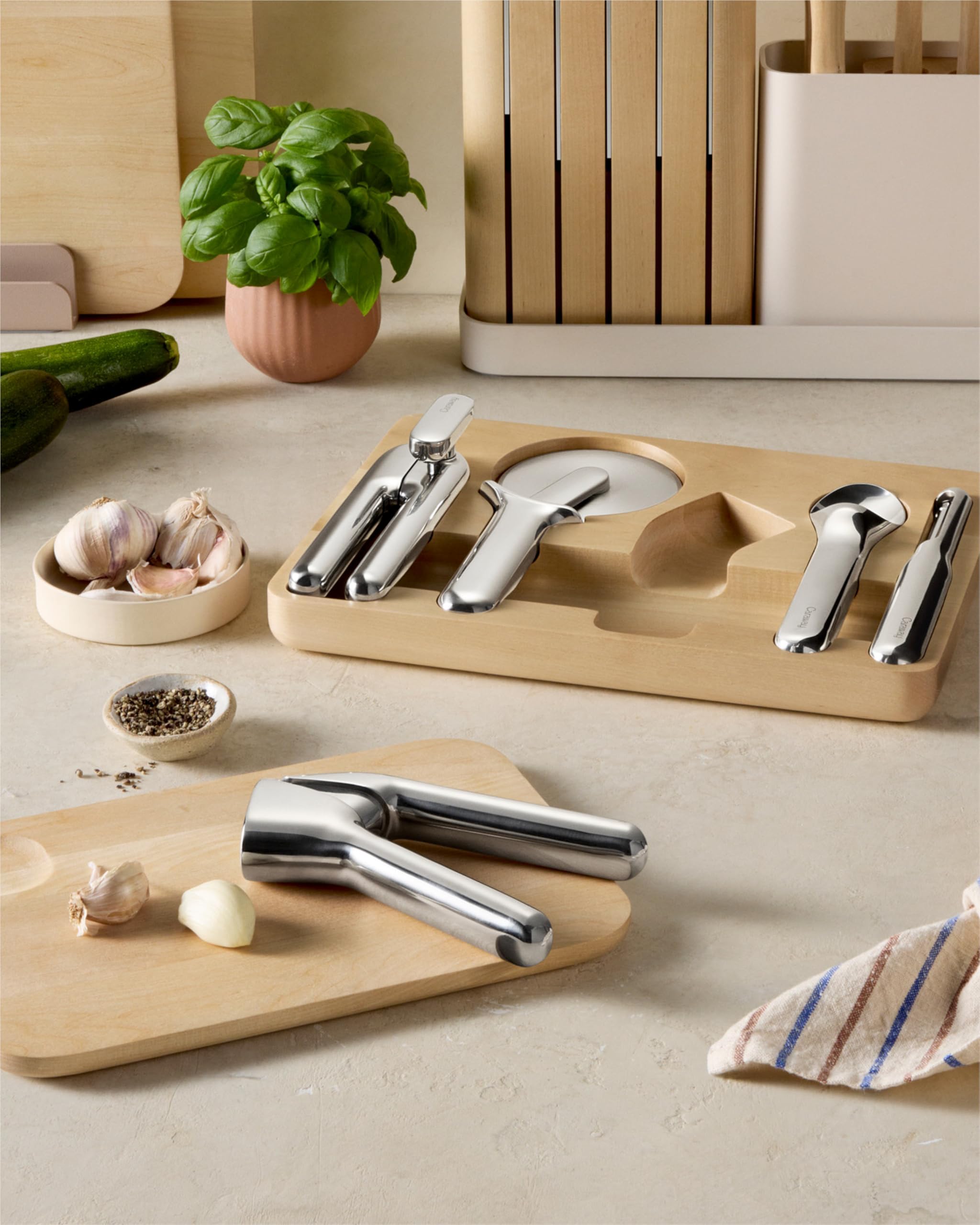 Caraway tools arranged on a kitchen counter showcasing style and practical everyday use