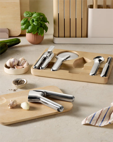 Caraway tools arranged on a kitchen counter showcasing style and practical everyday use