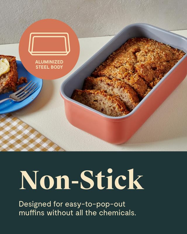 Caraway loaf pan compared to an apple showing compact 1 lb size benefit