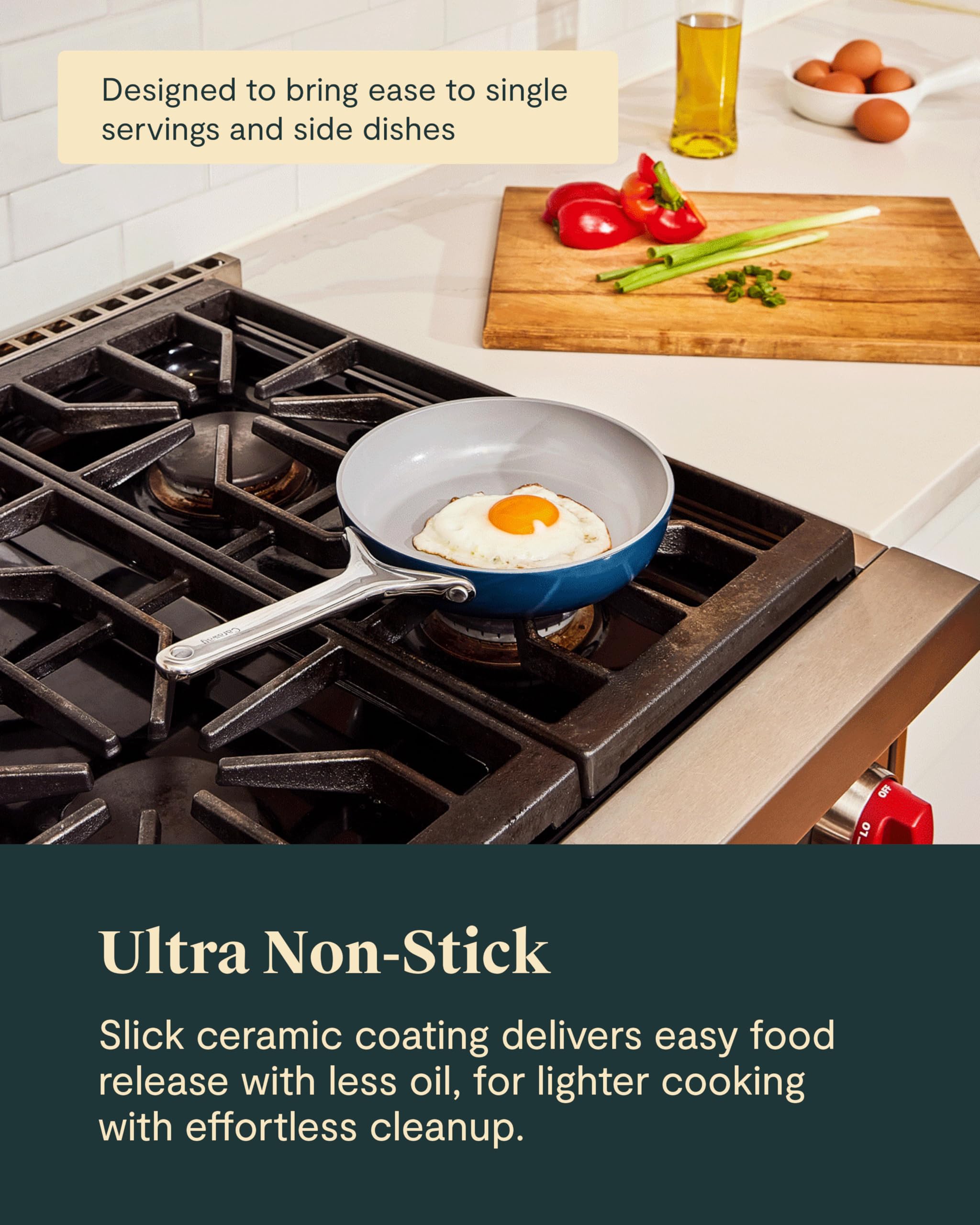 Caraway pan cooking an egg in use illustrating even heat and effortless slide-off benefit
