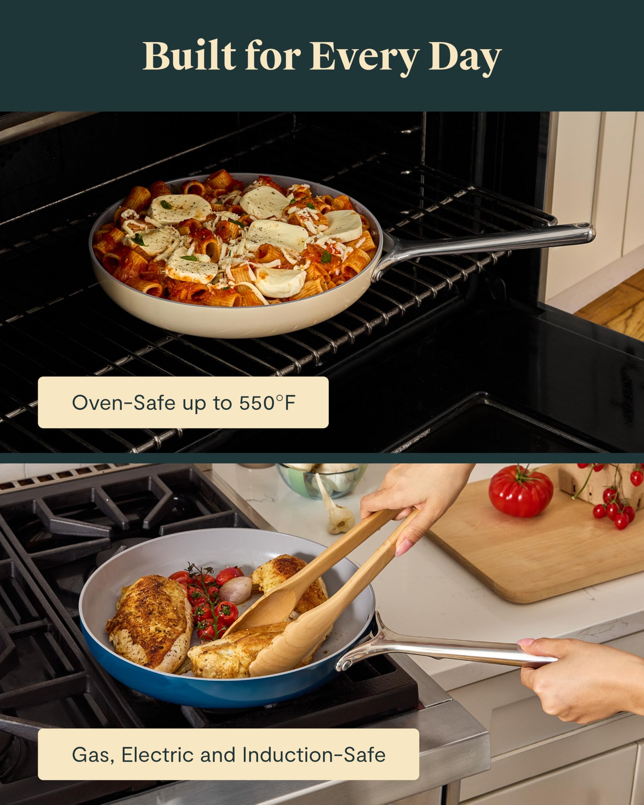Caraway mini fry pan inside oven showing oven-safe capability for finishing and roasting
