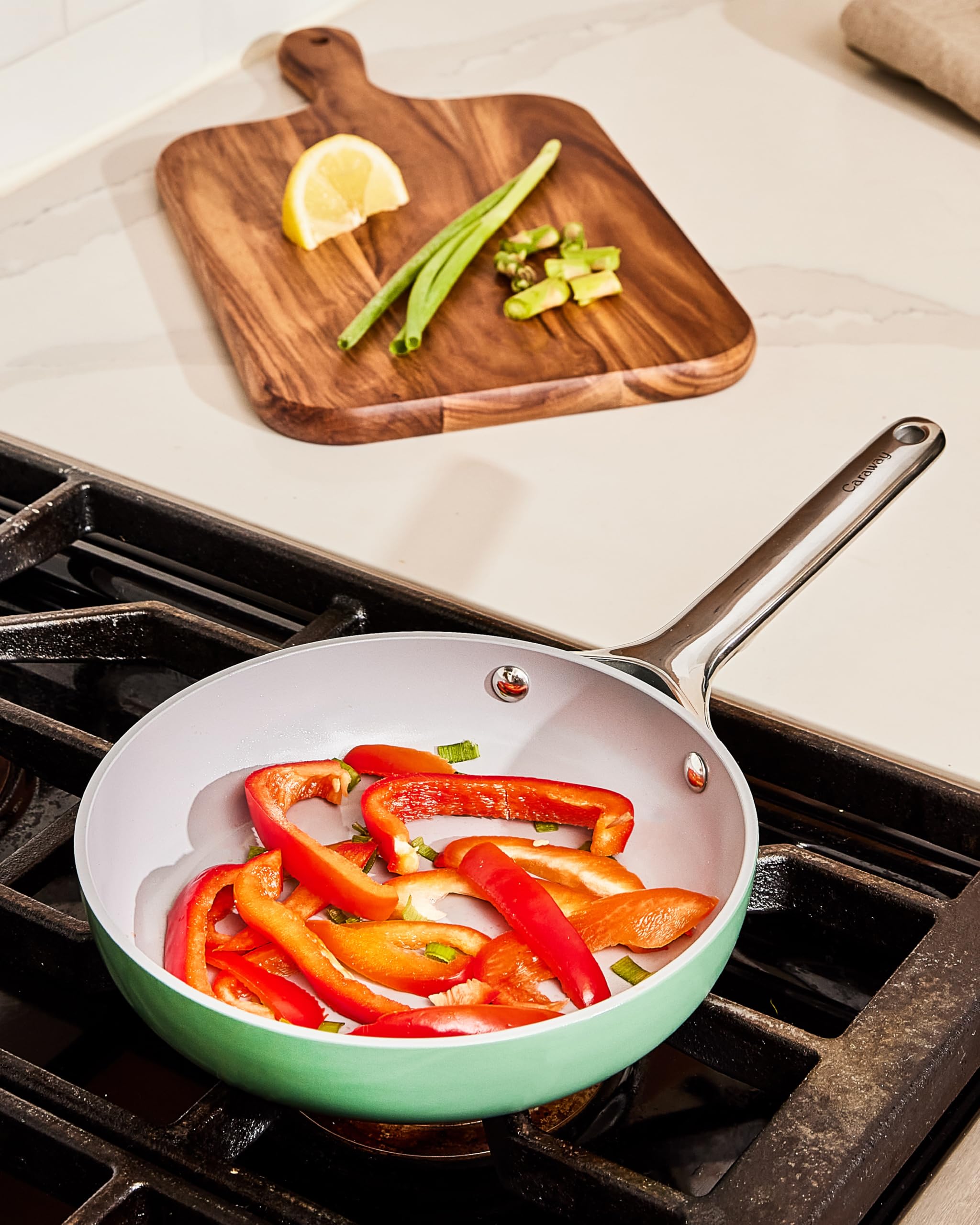 Caraway product packaging and label displaying non-toxic materials for safer kitchen use