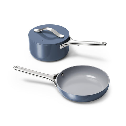 Caraway mini set front view showing compact cookware and tidy storage benefit