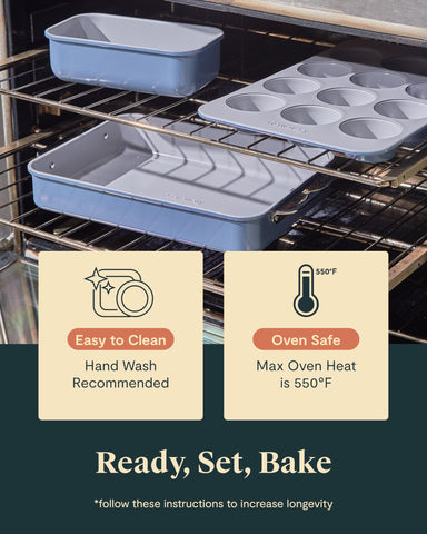 Caraway 12-cup muffin pan with muffins demonstrating reliable release and uniform baking