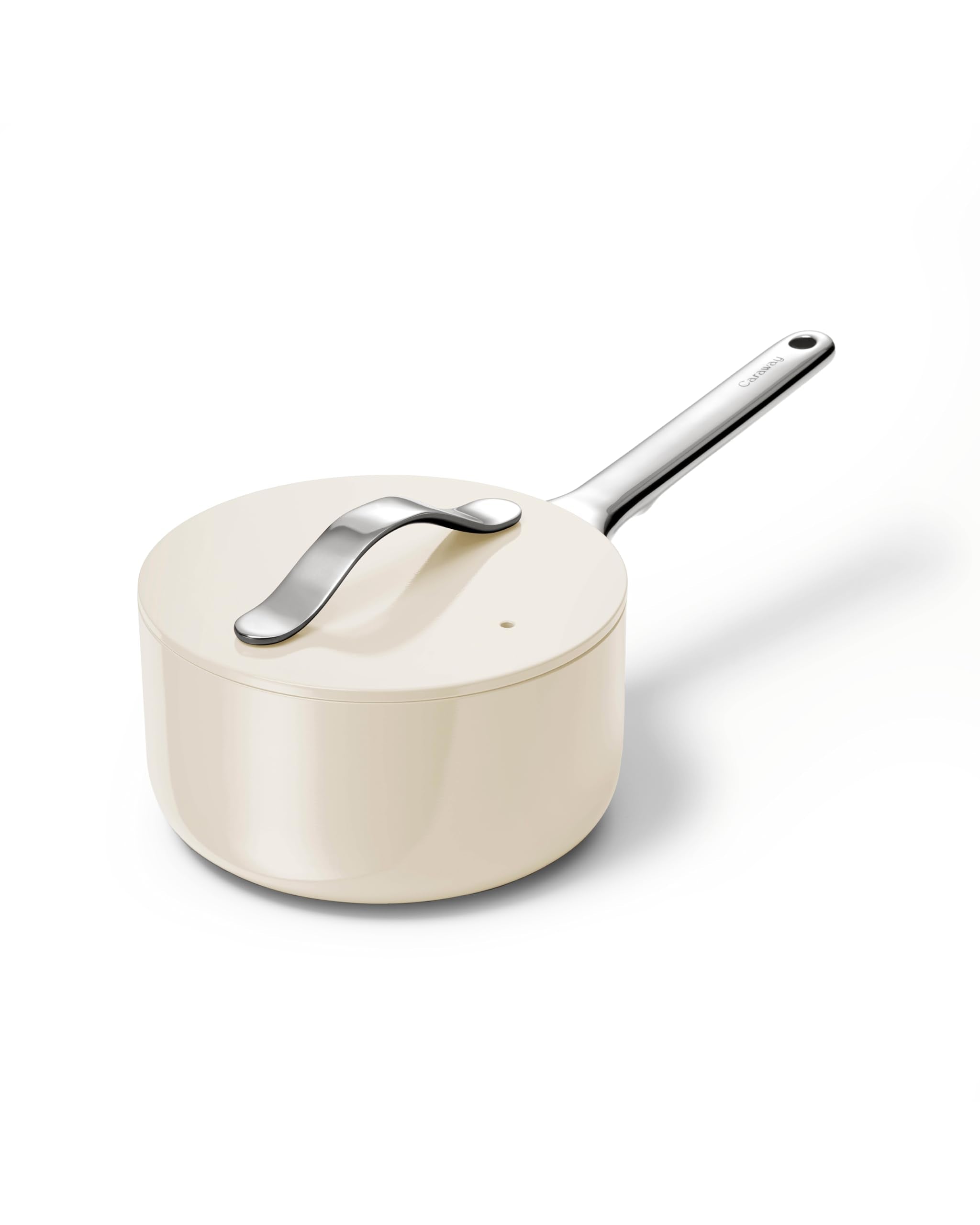 Caraway sauce pan front view showing compact shape and lid benefit easy storage