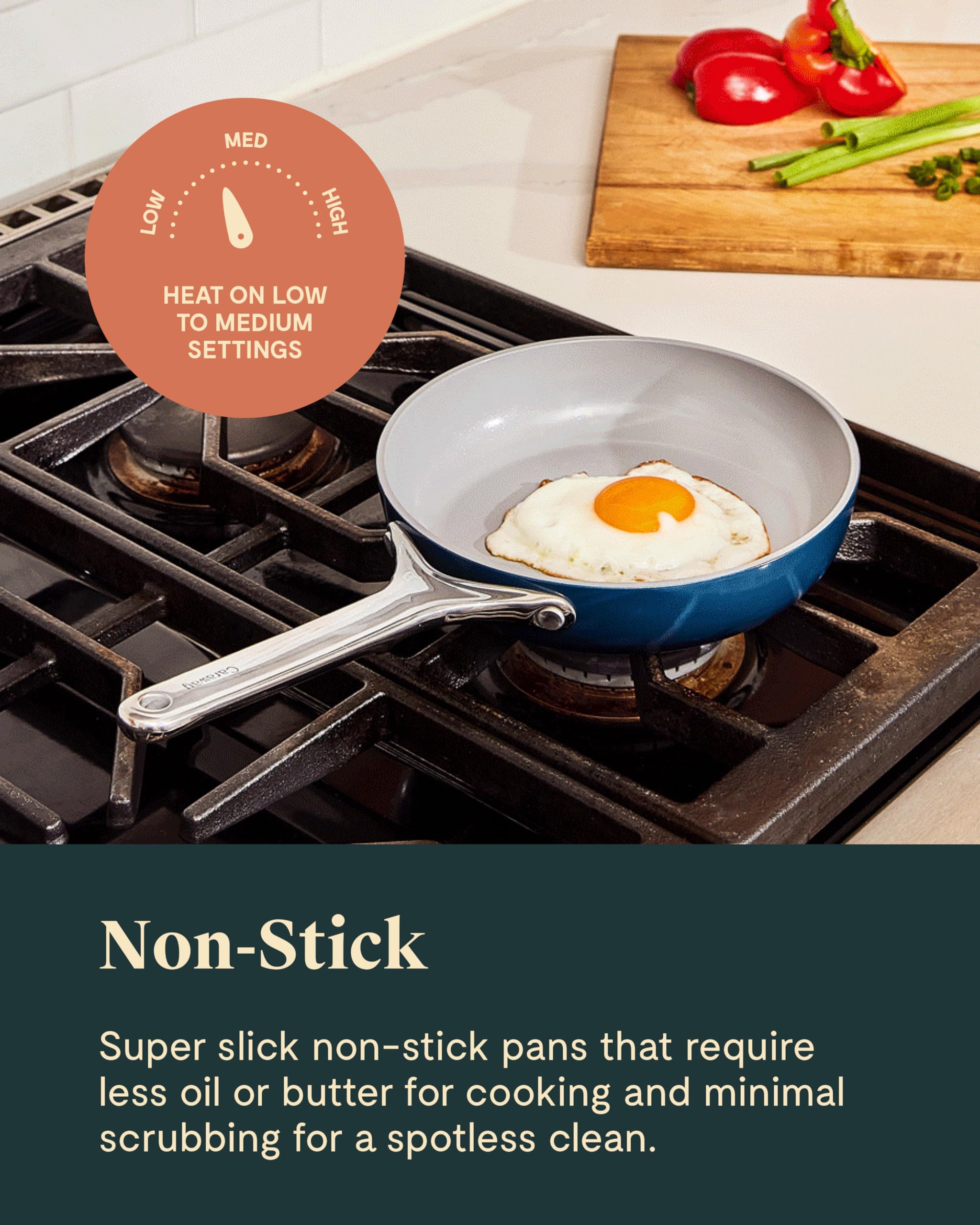 Caraway cookware scale comparison on counter showing space-saving benefit