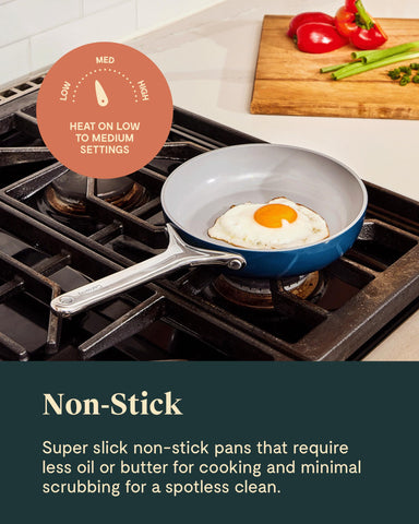 Caraway cookware scale comparison on counter showing space-saving benefit