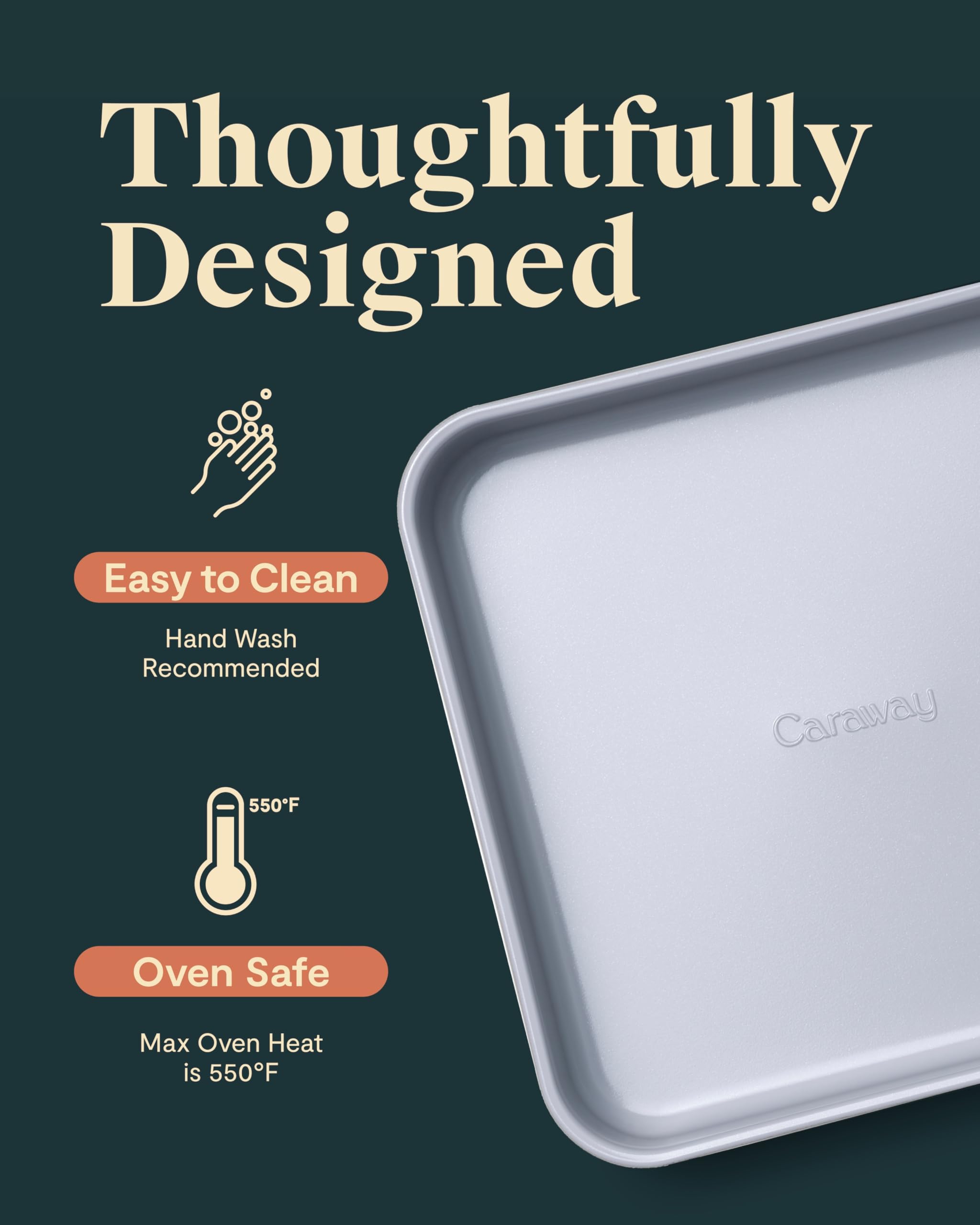 Caraway pan inside oven demonstrating oven-safe 550°F capability and even baking