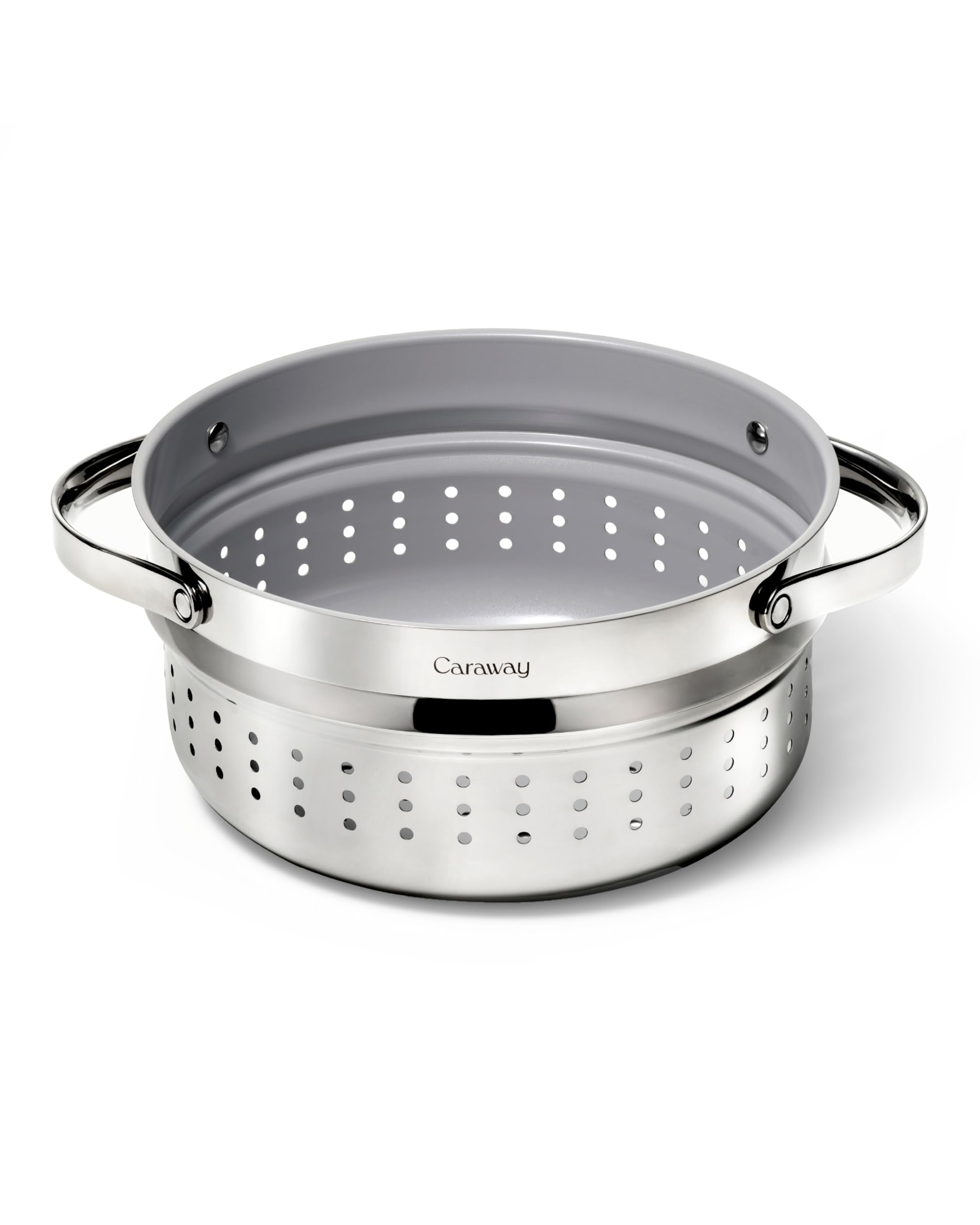 Caraway steamer front view showing polished stainless steel and sturdy handles for easy lift