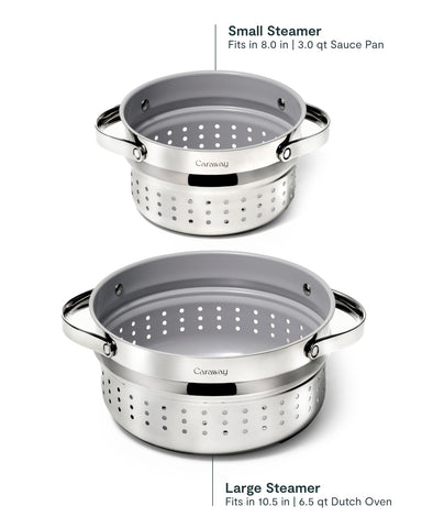 Caraway steamer nested inside Caraway Dutch Oven demonstrating family-size cooking fit