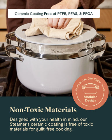 Caraway steamer set inside Sauce Pan showing compact nesting for small-batch meals