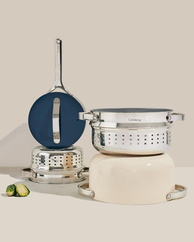 Caraway steamer next to measuring tools showing scale and capacity for meal prep