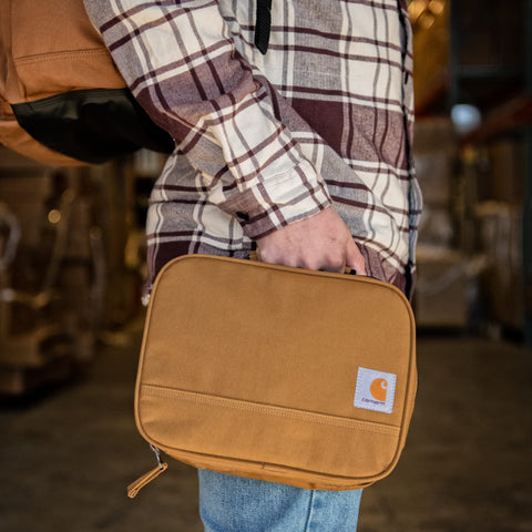 Carhartt lunch cooler in use at worksite keeping food organized and accessible