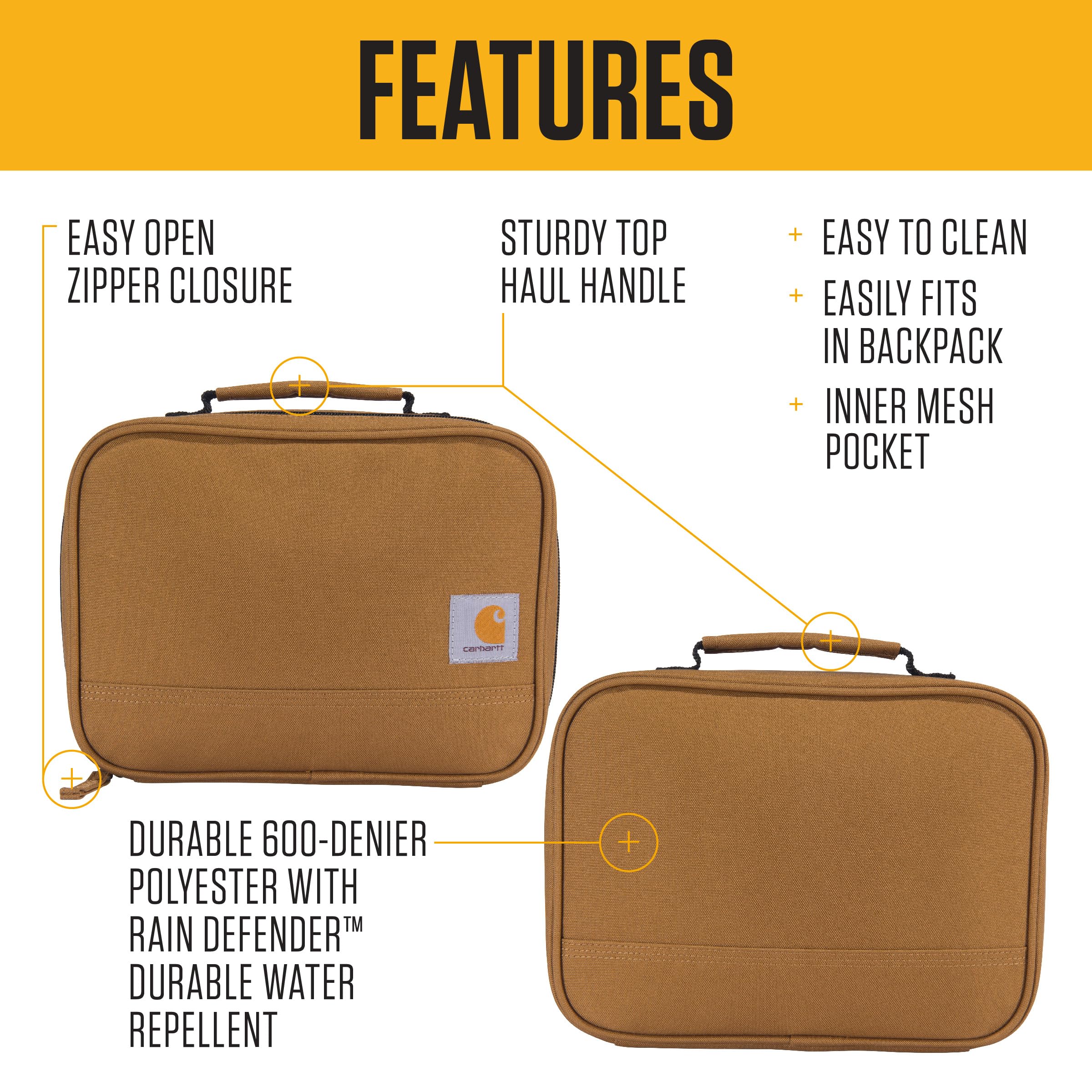 Carhartt top handle and heavy-duty zipper for secure, comfortable carrying