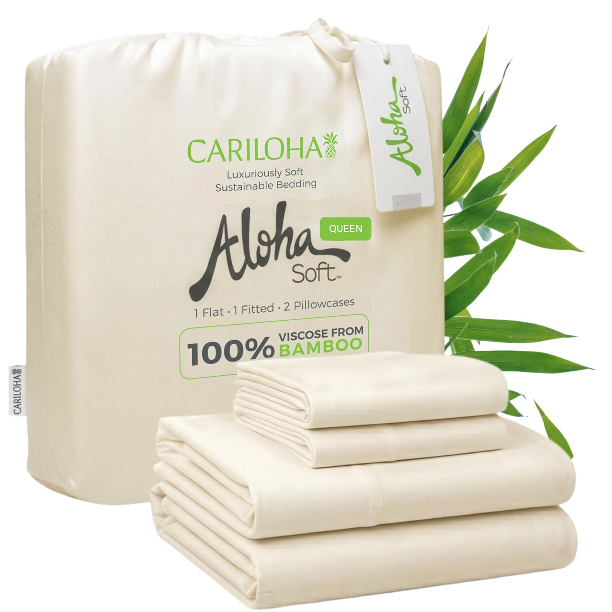 Cariloha front view of natural queen sheet set showcasing clean packaging and luxury