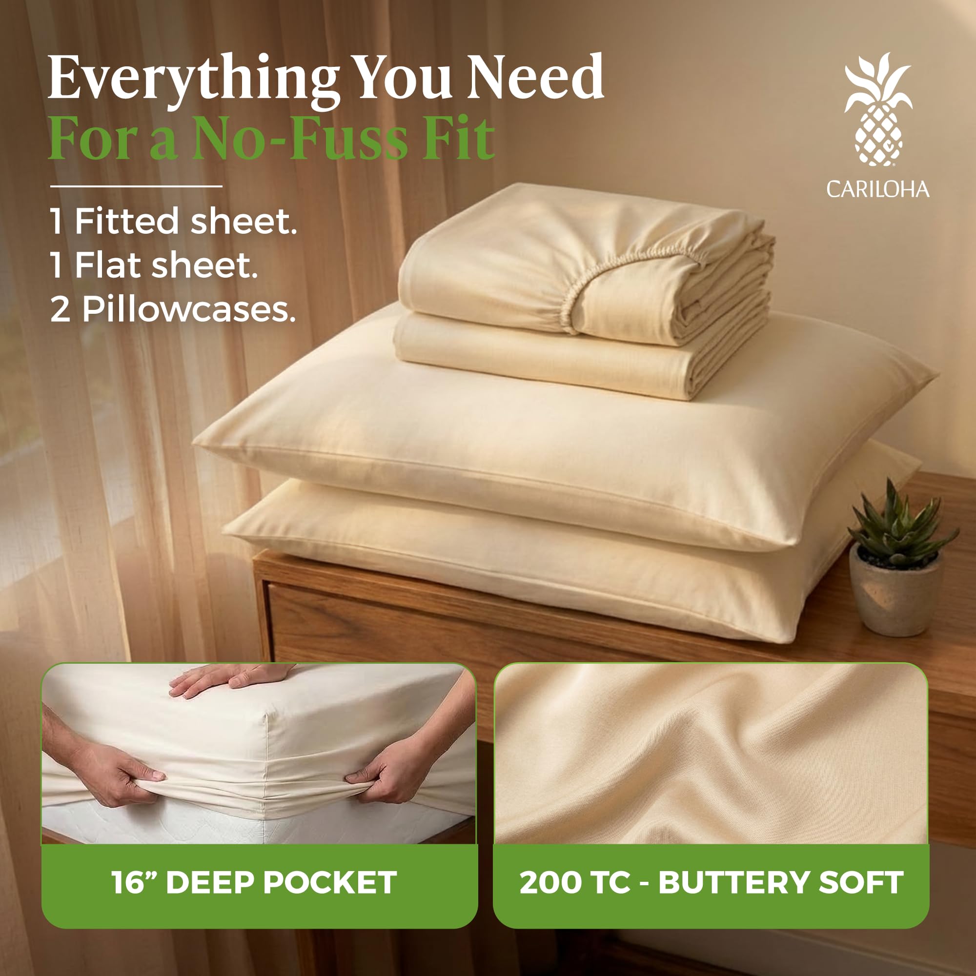 Cariloha sheets on king bed in room showing cool, comfortable look