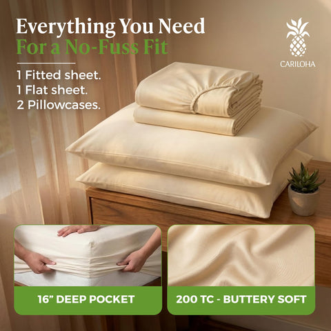Cariloha sheets on styled bed in bedroom showing breathable comfort for restful nights