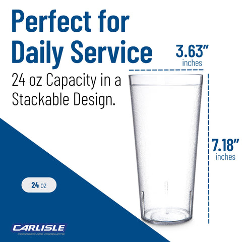 Carlisle tumbler next to 24 oz measuring cup showing true 24-ounce capacity benefit