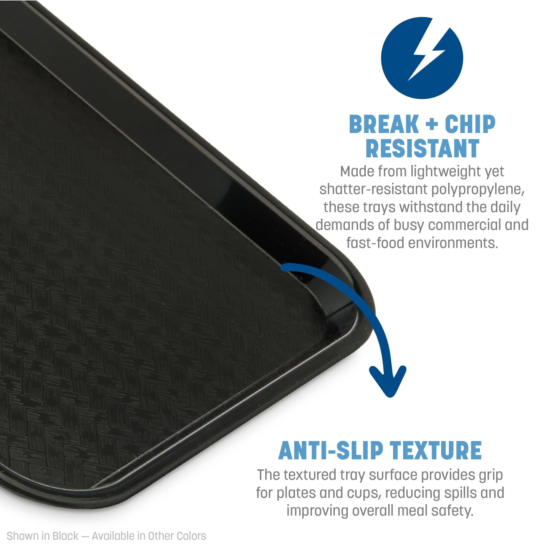 Carlisle tray bottom label showing polypropylene material and durability assurance
